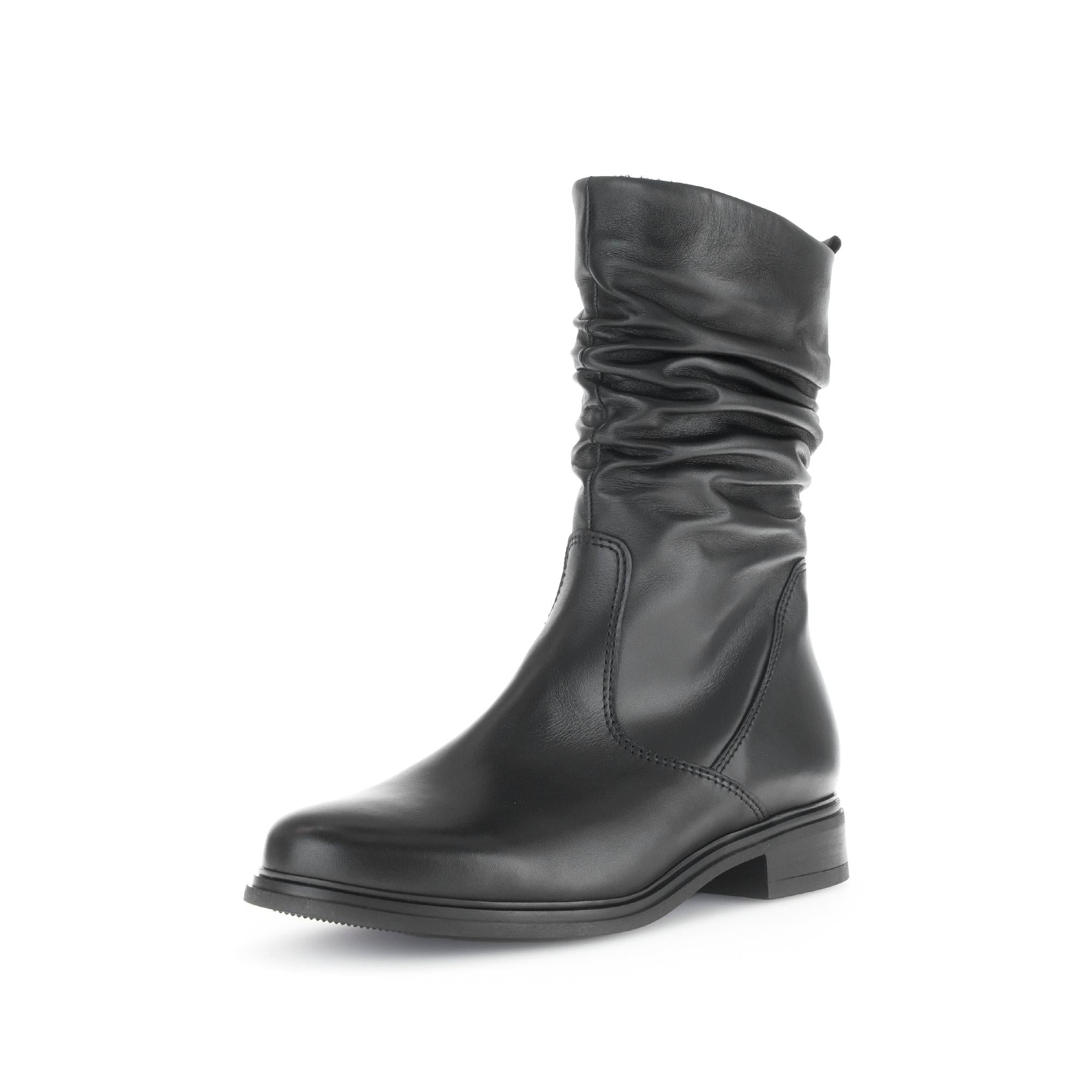 Gabor women's black waxed leather mid-calf boots with side zipper, slouch detail, and low heel.