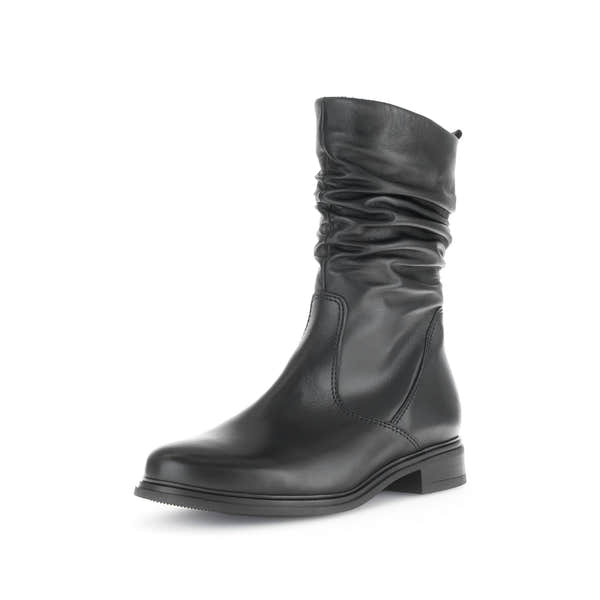 Gabor women's black waxed leather mid-calf boots with side zipper, slouch detail, and low heel.