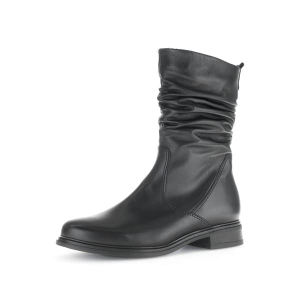 Gabor women's black waxed leather side zip mid-calf boots with slouchy design and low heel.
