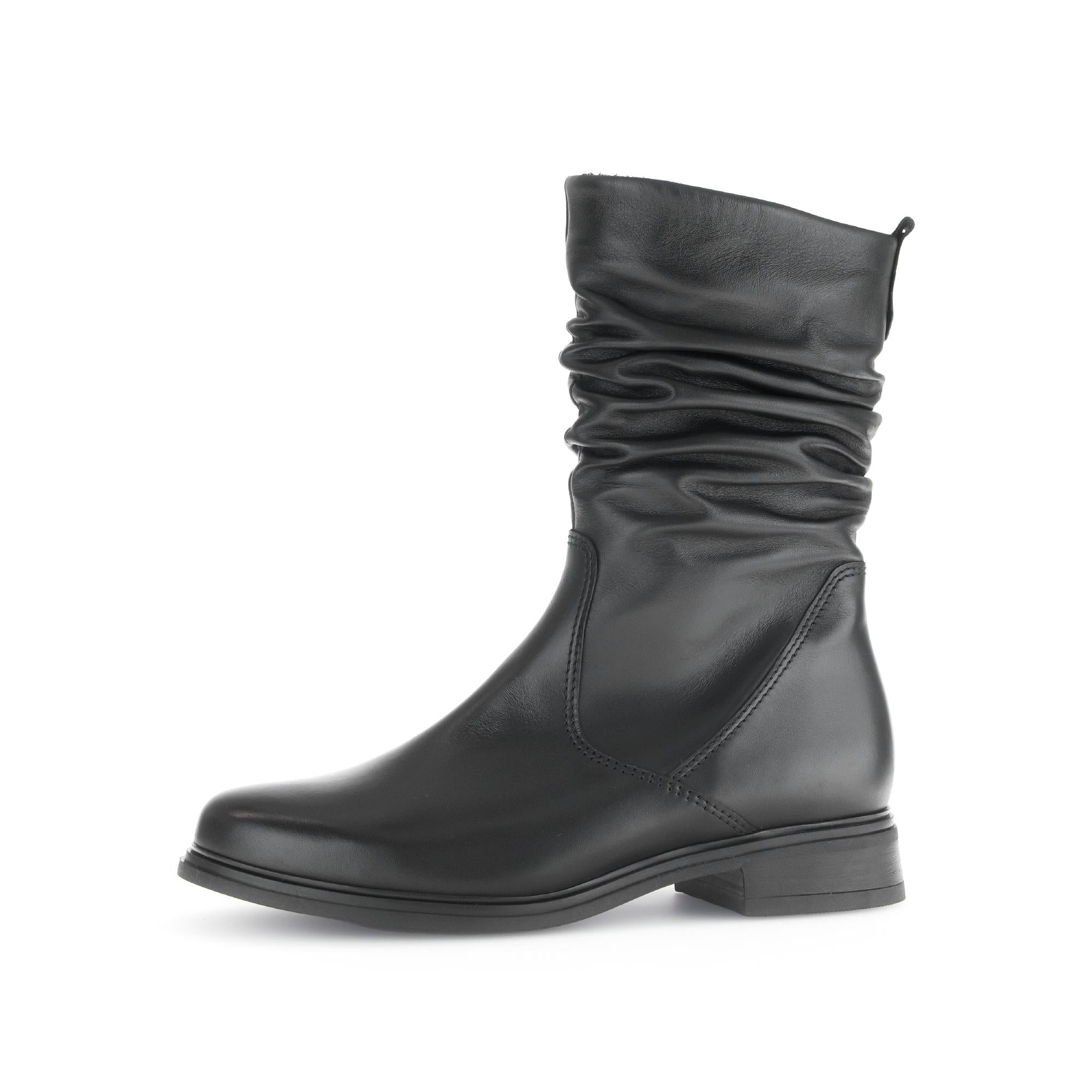 Gabor Ladies Black Waxed Leather Side Zip Mid-Calf Boots with ruched shaft and low block heel.