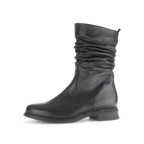 Gabor Ladies Black Waxed Leather Side Zip Mid-Calf Boots with ruched shaft and low block heel.