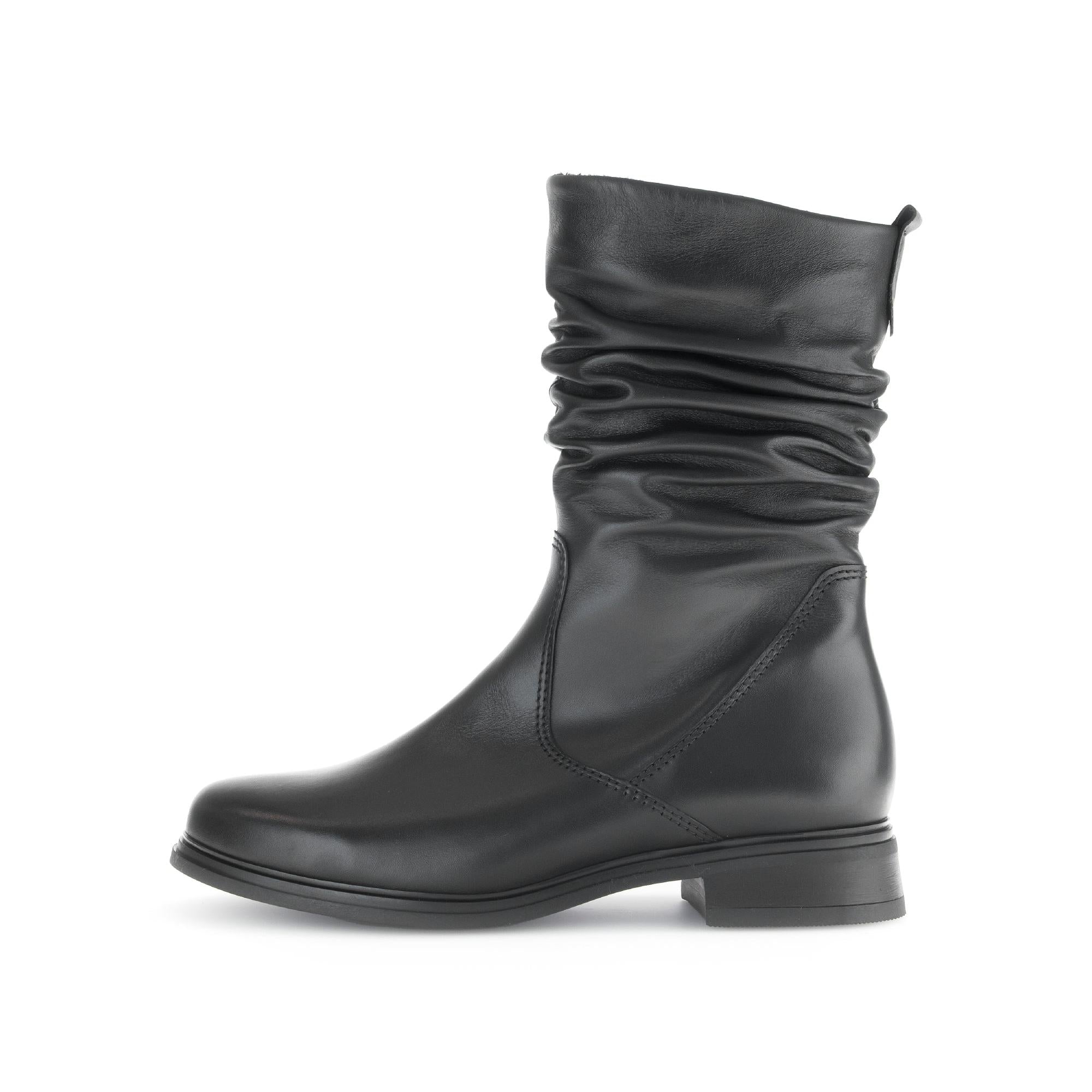 Gabor women's black waxed leather mid-calf boots with side zipper, slouched design, and low heel.