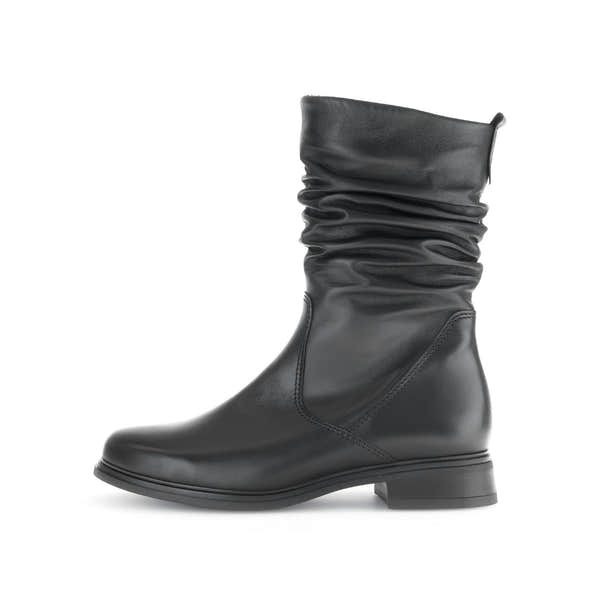 Gabor women's black waxed leather mid-calf boots with side zipper, slouched design, and low heel.