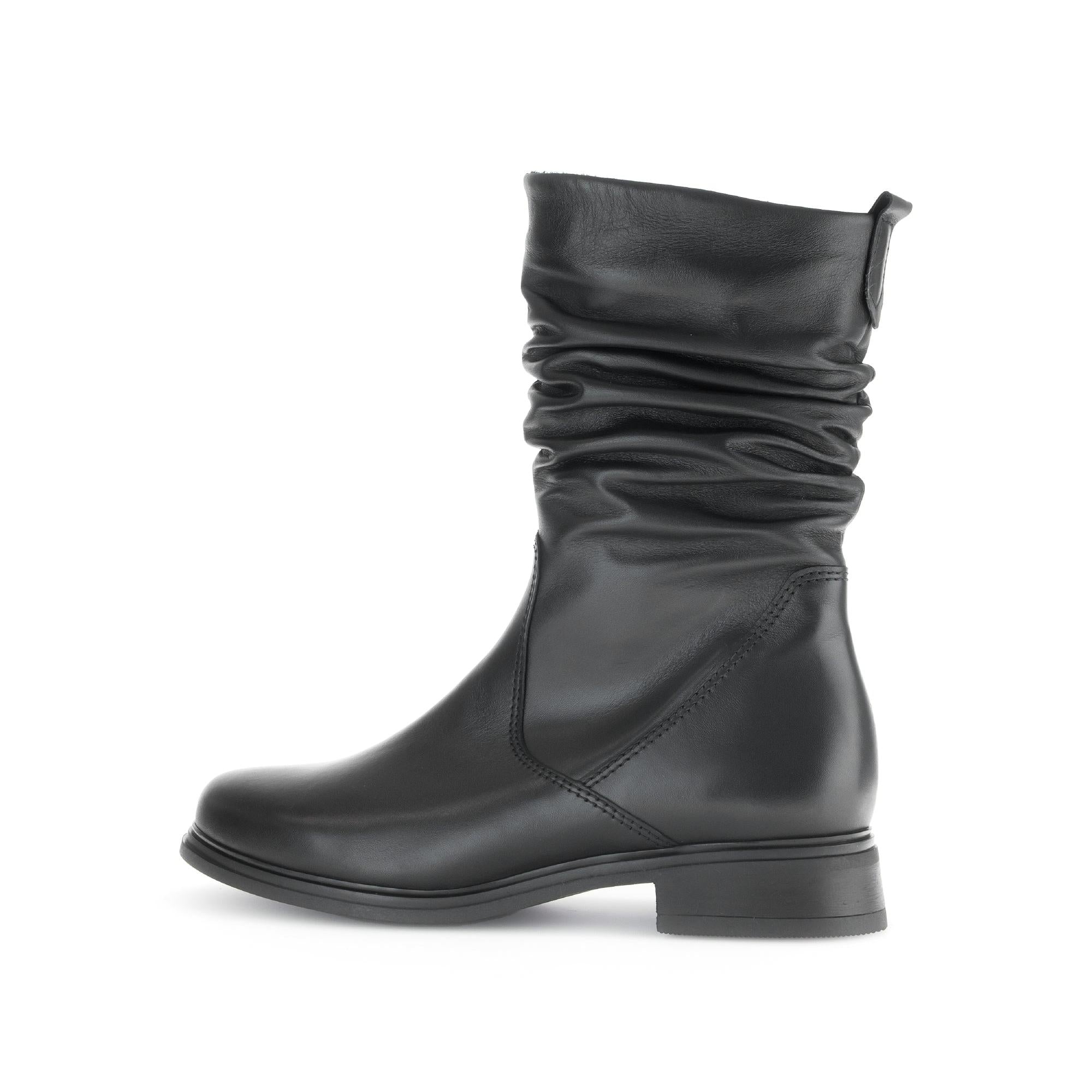 Gabor women's black waxed leather mid-calf boots with side zipper and low heel, stylish and comfortable for fall and winter.