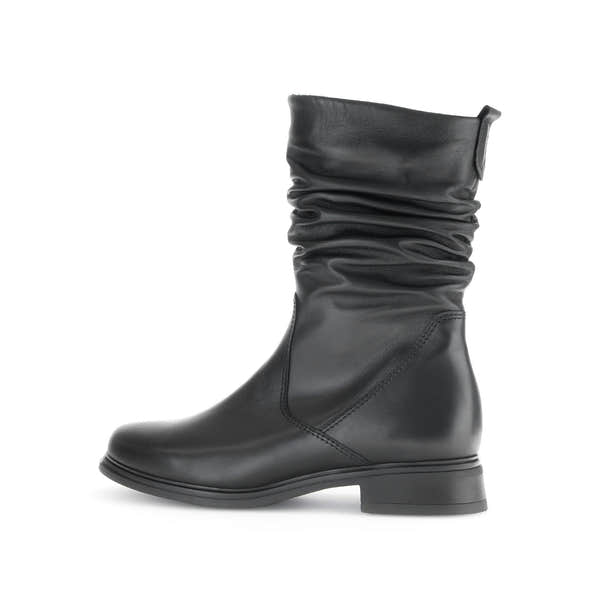 Gabor women's black waxed leather mid-calf boots with side zipper and low heel, stylish and comfortable for fall and winter.