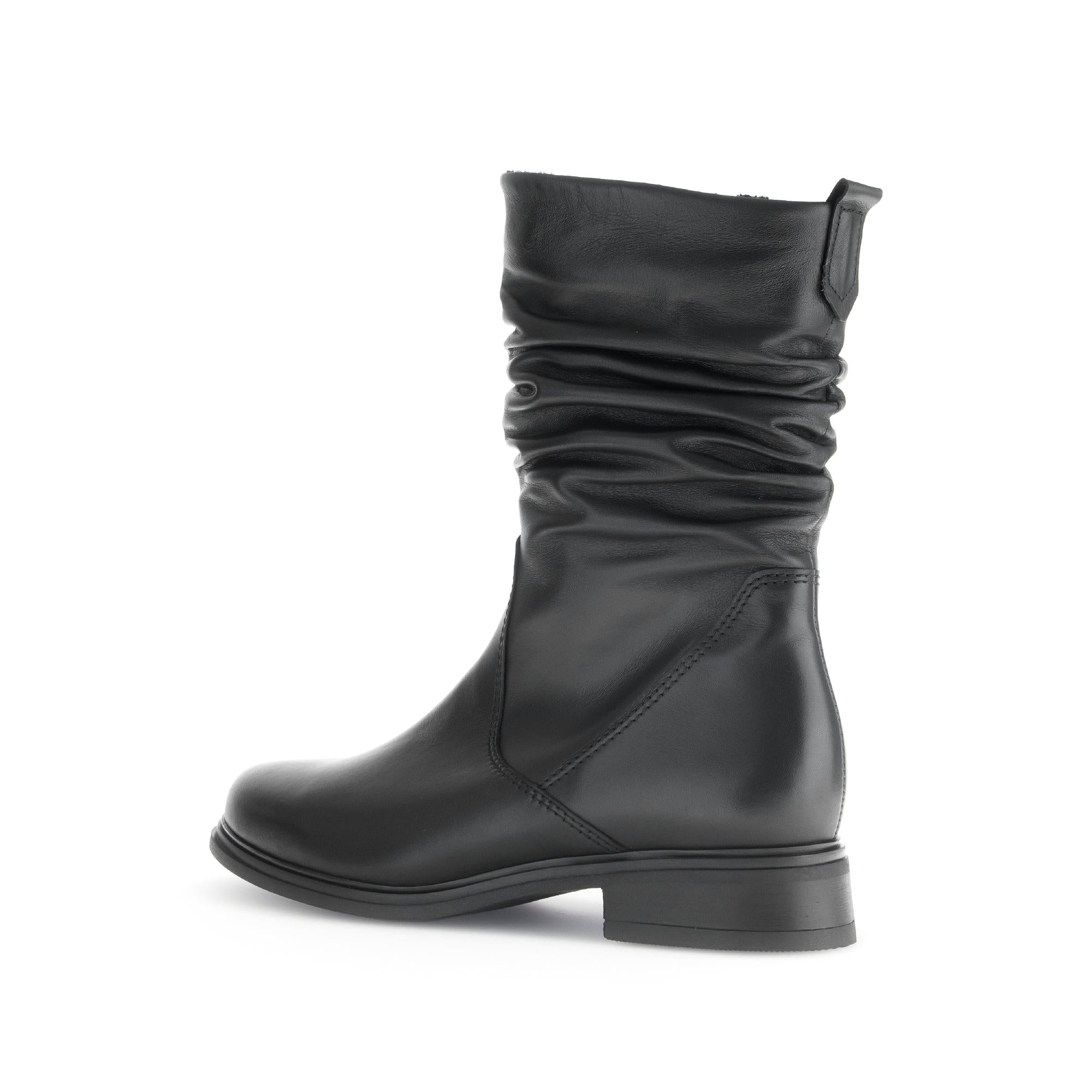 Gabor ladies black waxed leather mid-calf boots with side zip, slouchy design, low heel, stylish and comfortable footwear.