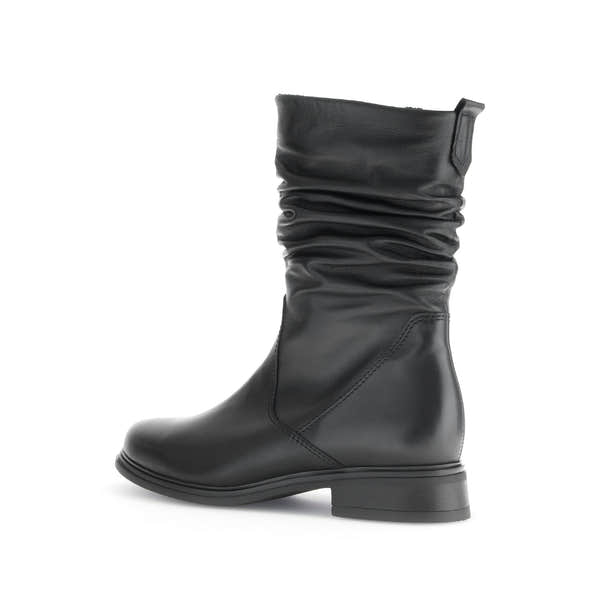 Gabor ladies black waxed leather mid-calf boots with side zip, slouchy design, low heel, stylish and comfortable footwear.