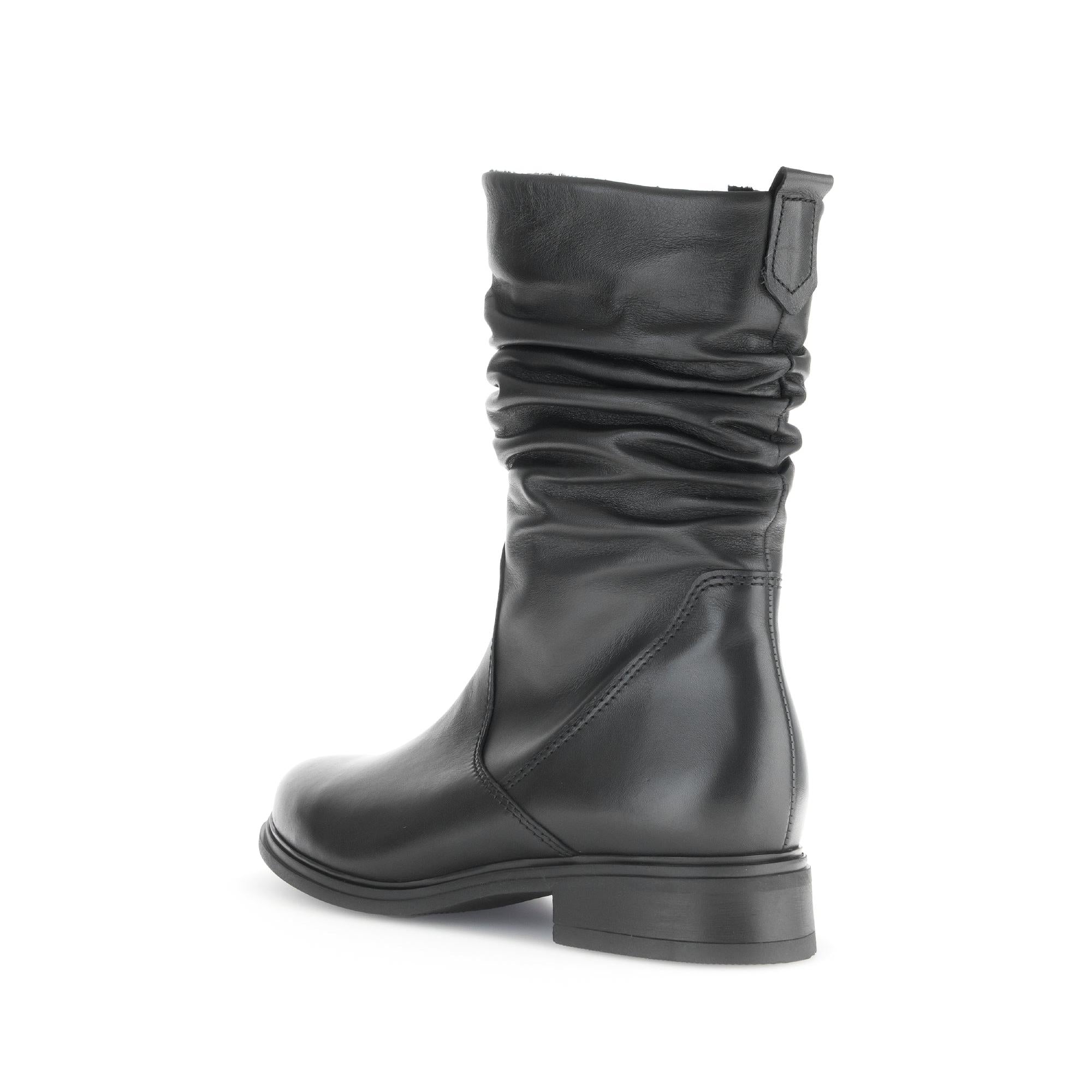 Gabor Ladies Black Waxed Leather Side Zip Mid-Calf Boots with slouched design and low heel.
