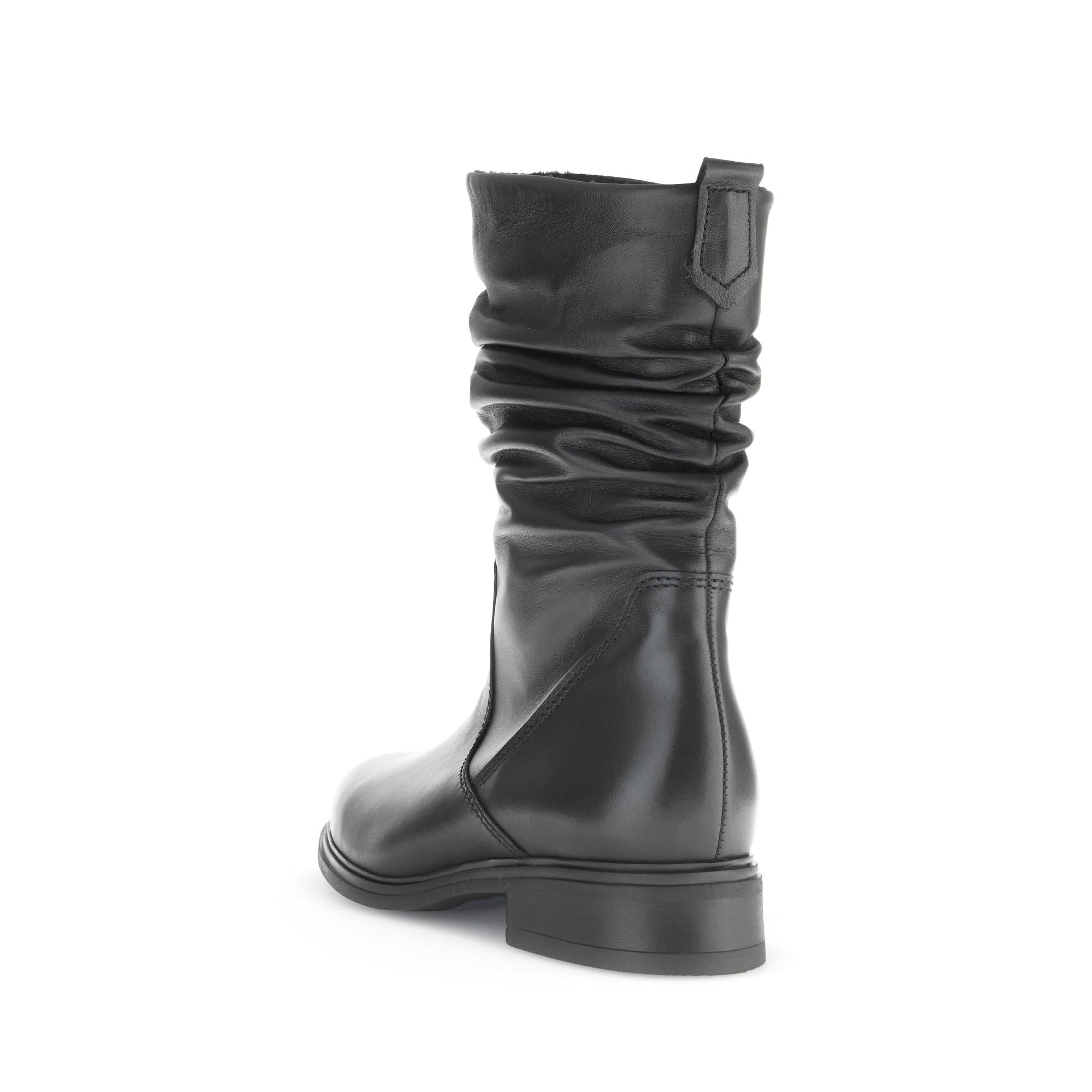 Women's black waxed leather mid-calf boots with side zipper, slouchy design, and low heel.