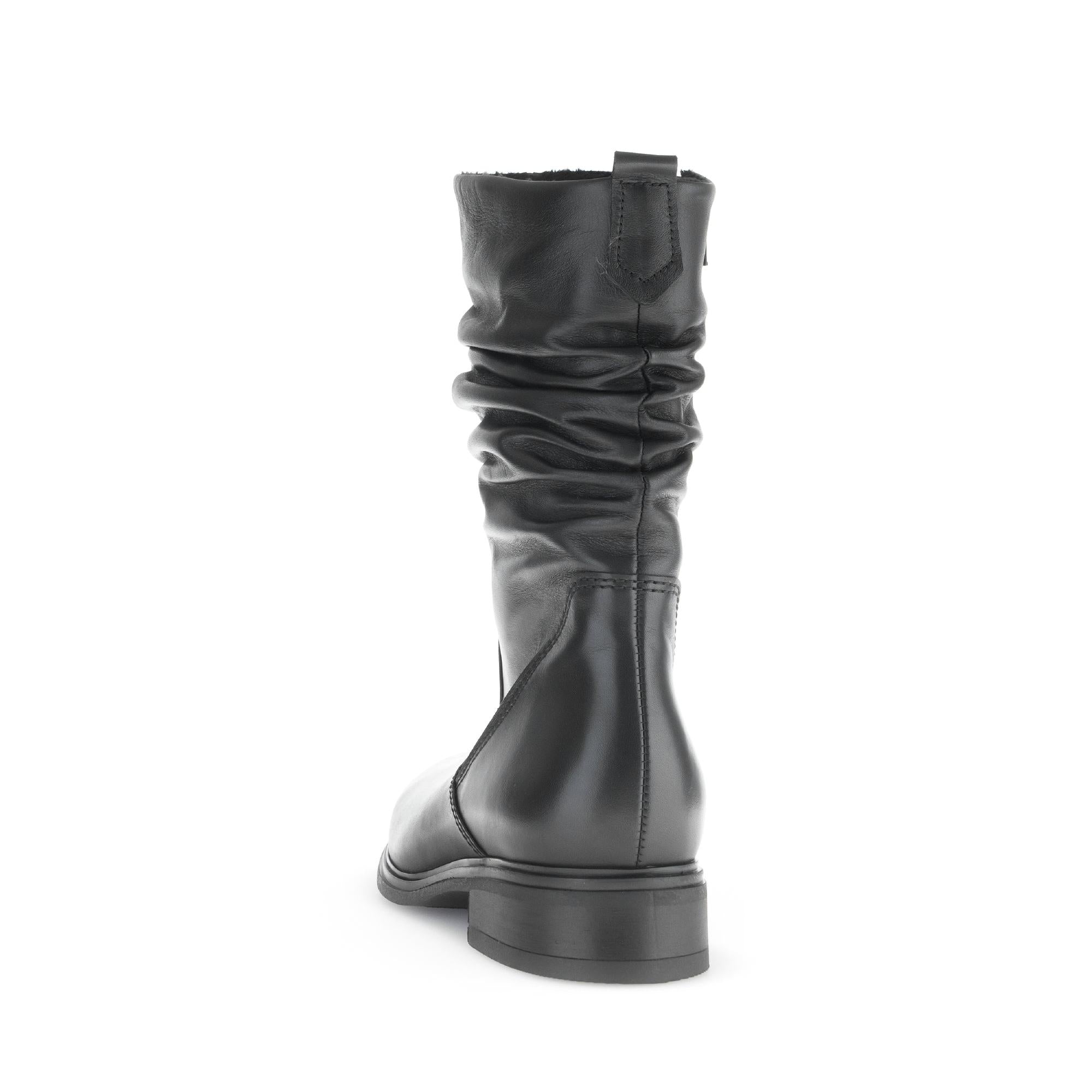 Gabor women's black waxed leather mid-calf boots with side zipper, stylish slouch design, and low heel.
