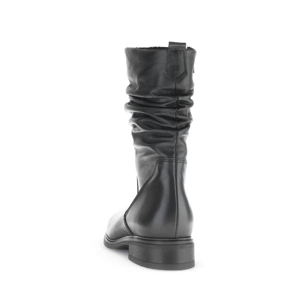 Gabor women's black waxed leather mid-calf boots with side zipper, stylish slouch design, and low heel.