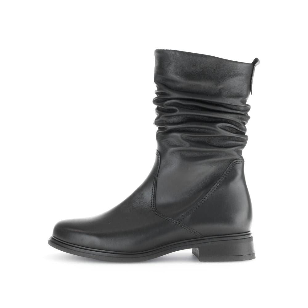Gabor women's black waxed leather mid-calf boots with side zipper and low heel.