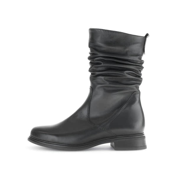 Gabor women's black waxed leather mid-calf boots with side zipper and low heel.
