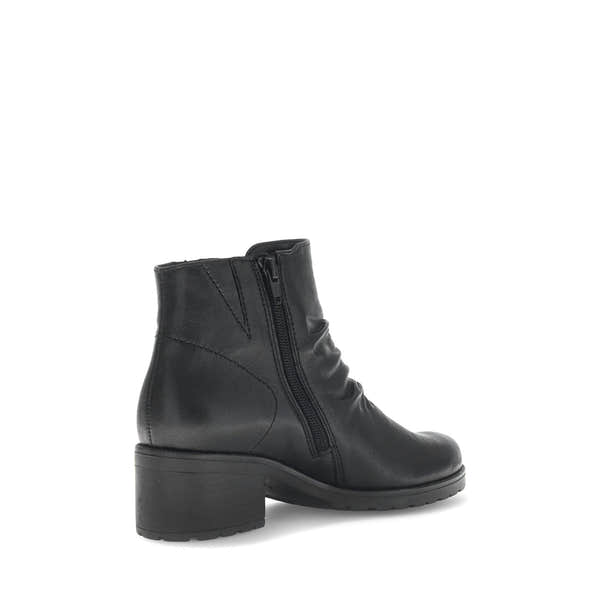 Gabor Jenna women's black leather ankle boots with side zip, block heel, and ruched design.