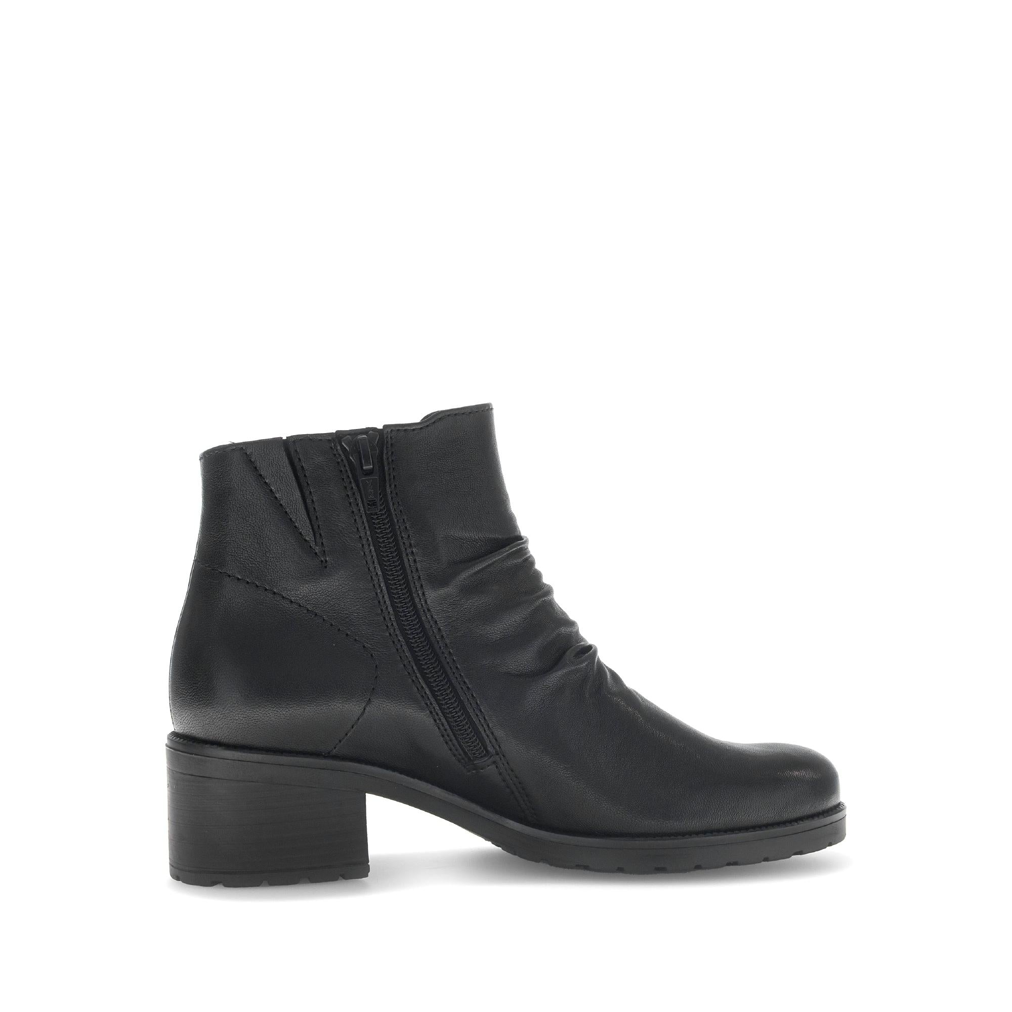 Gabor Jenna women's black leather ankle boot with side zipper, ruched detailing, and chunky heel.