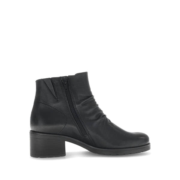 Gabor Jenna women's black leather ankle boot with side zipper, ruched detailing, and chunky heel.