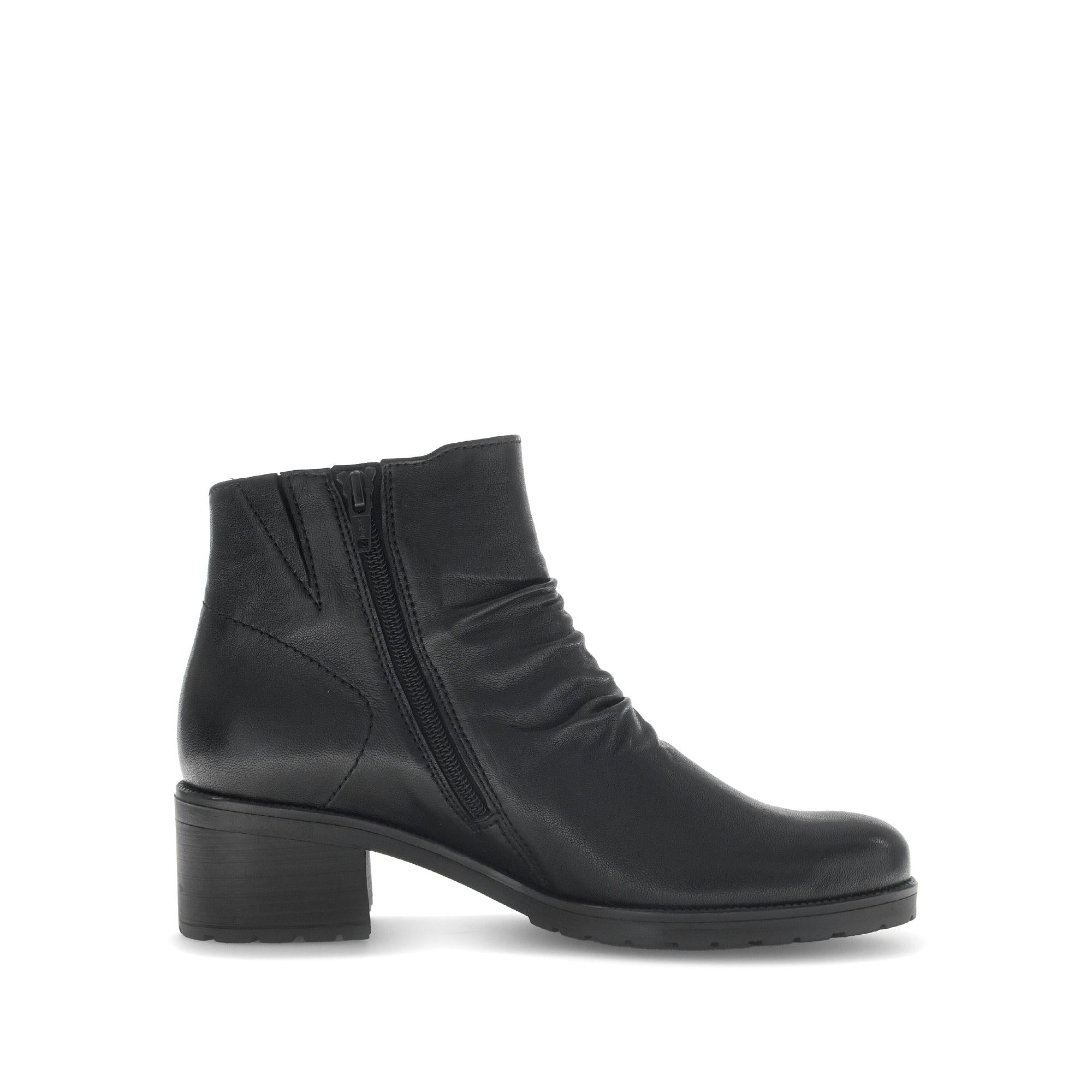Gabor Jenna women's black leather ankle boot with side zipper, low block heel, and soft leather construction.