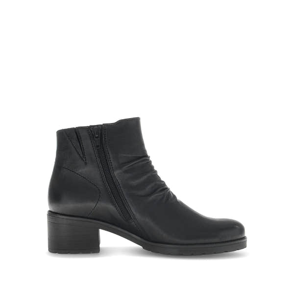Gabor Jenna women's black leather ankle boot with side zipper, low block heel, and soft leather construction.