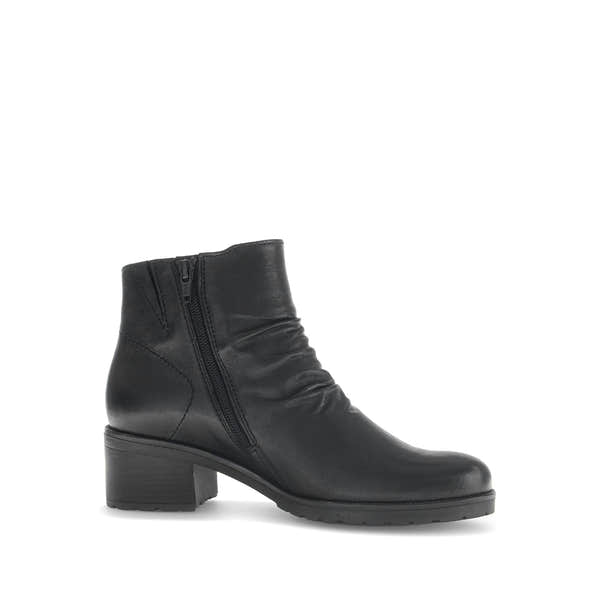 Gabor Jenna women's black leather ankle boots with side zipper, ruched detail, low heel, and soft leather construction.