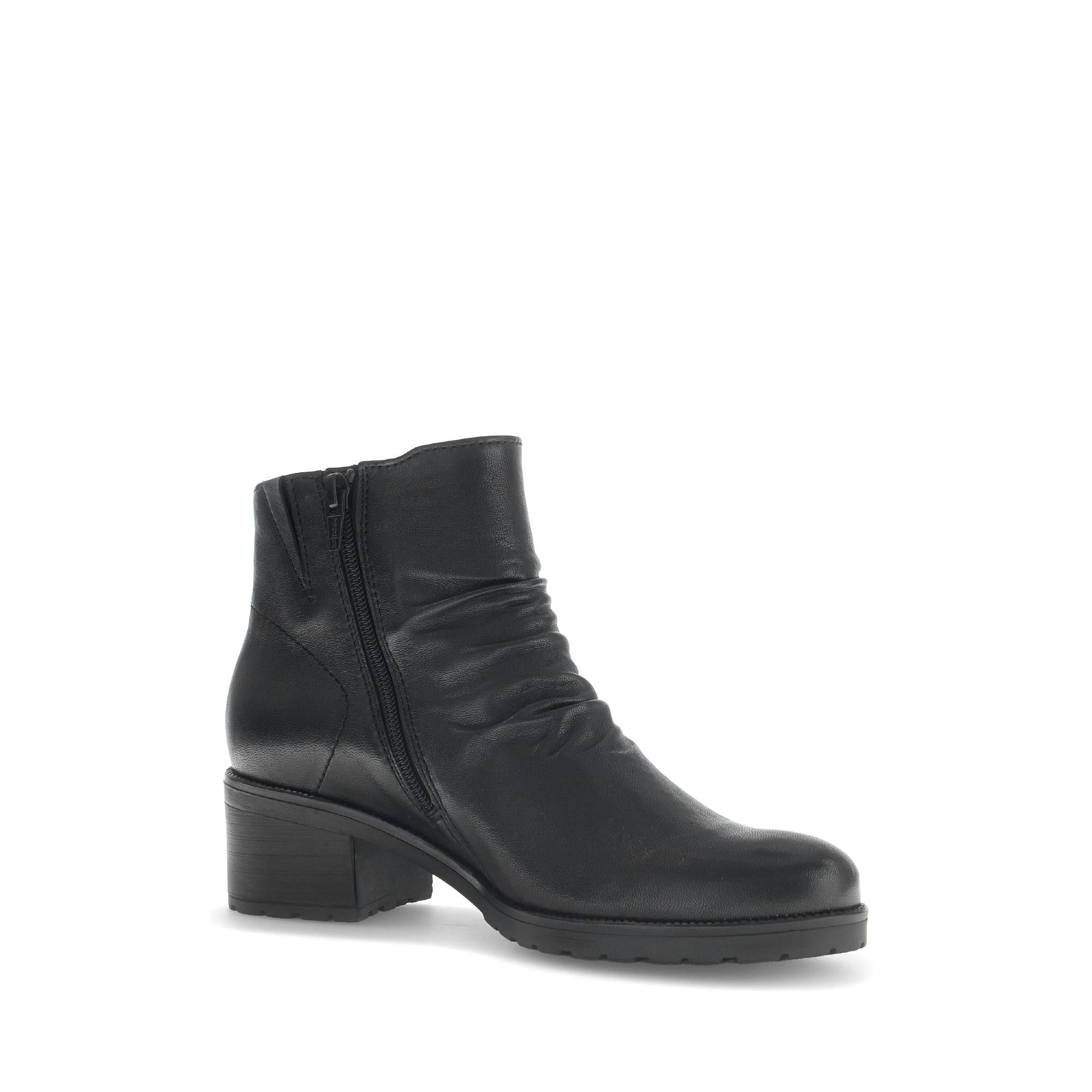 Gabor Jenna black leather ankle boots with side zipper, low block heel, and ruched detailing.