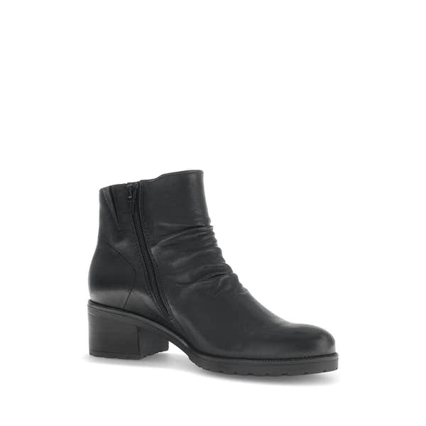 Gabor Jenna black leather ankle boots with side zipper, low block heel, and ruched detailing.