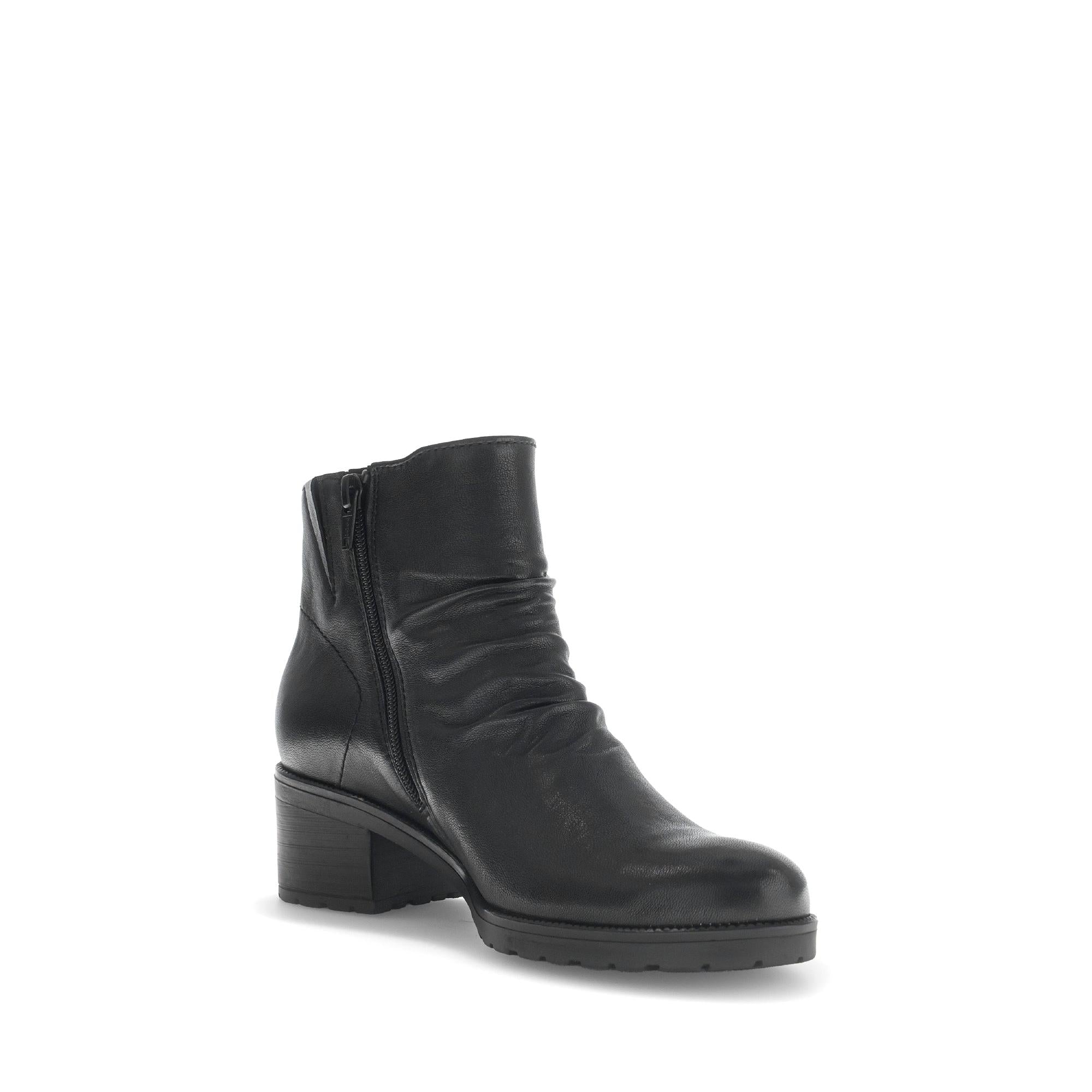 Gabor Jenna black leather women's ankle boot with side zipper and low block heel. Soft leather, stylish and comfortable footwear.