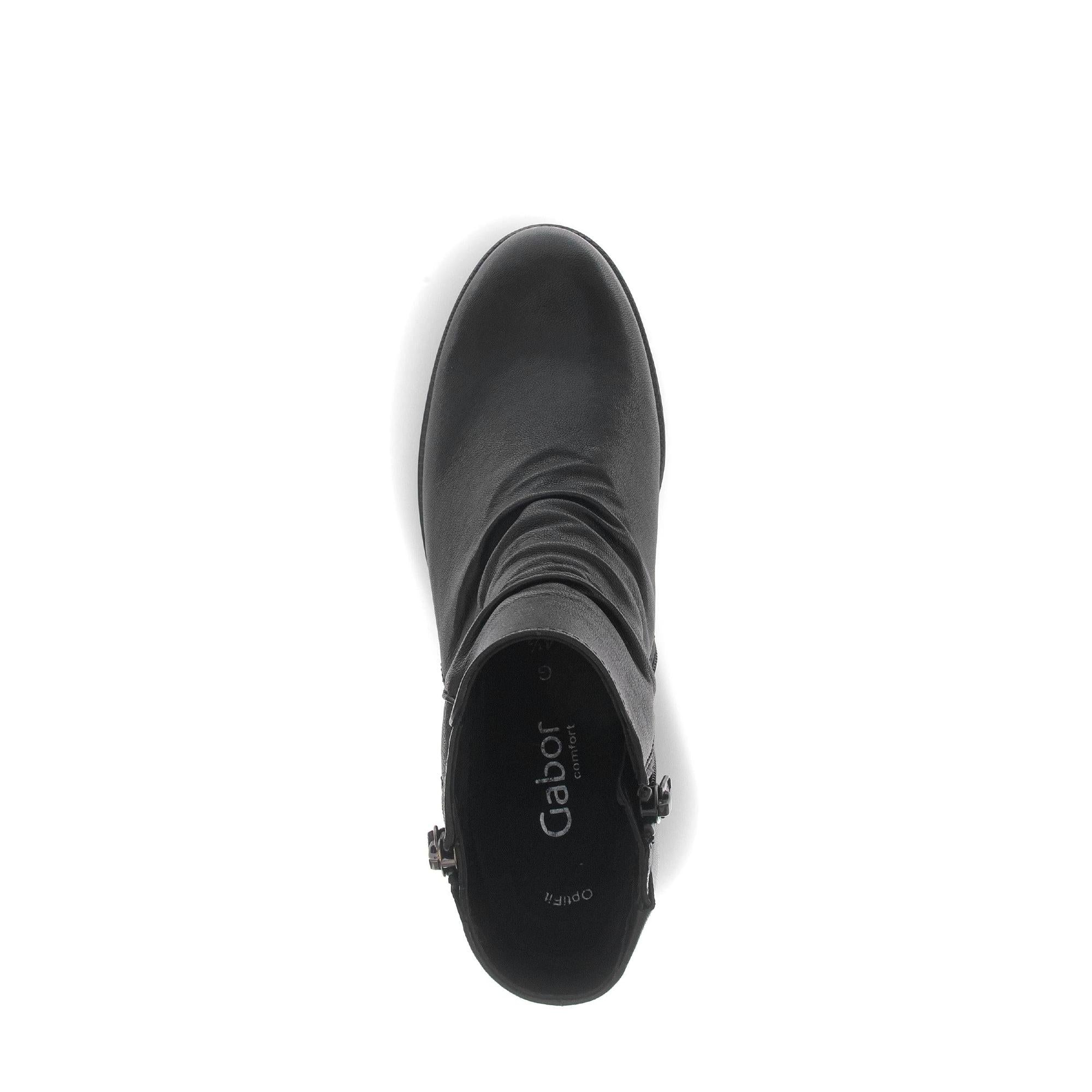Women's black leather ankle boots with side zipper, round toe, and low heel, Gabor 72.811.57 Jenna style.