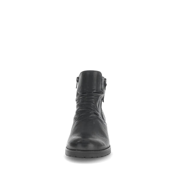 Gabor Jenna Women's Black Soft Leather Ankle Boots with Side Zipper, Flat Sole, stylish and comfortable.