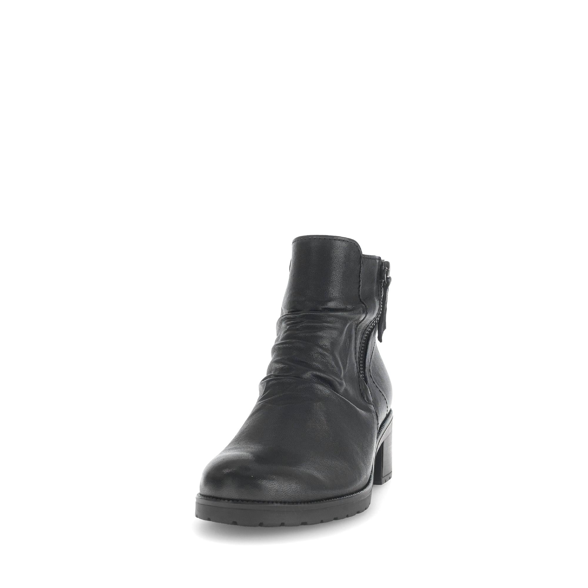 Gabor Jenna black leather ankle boot with side zipper, rounded toe, and block heel for women.