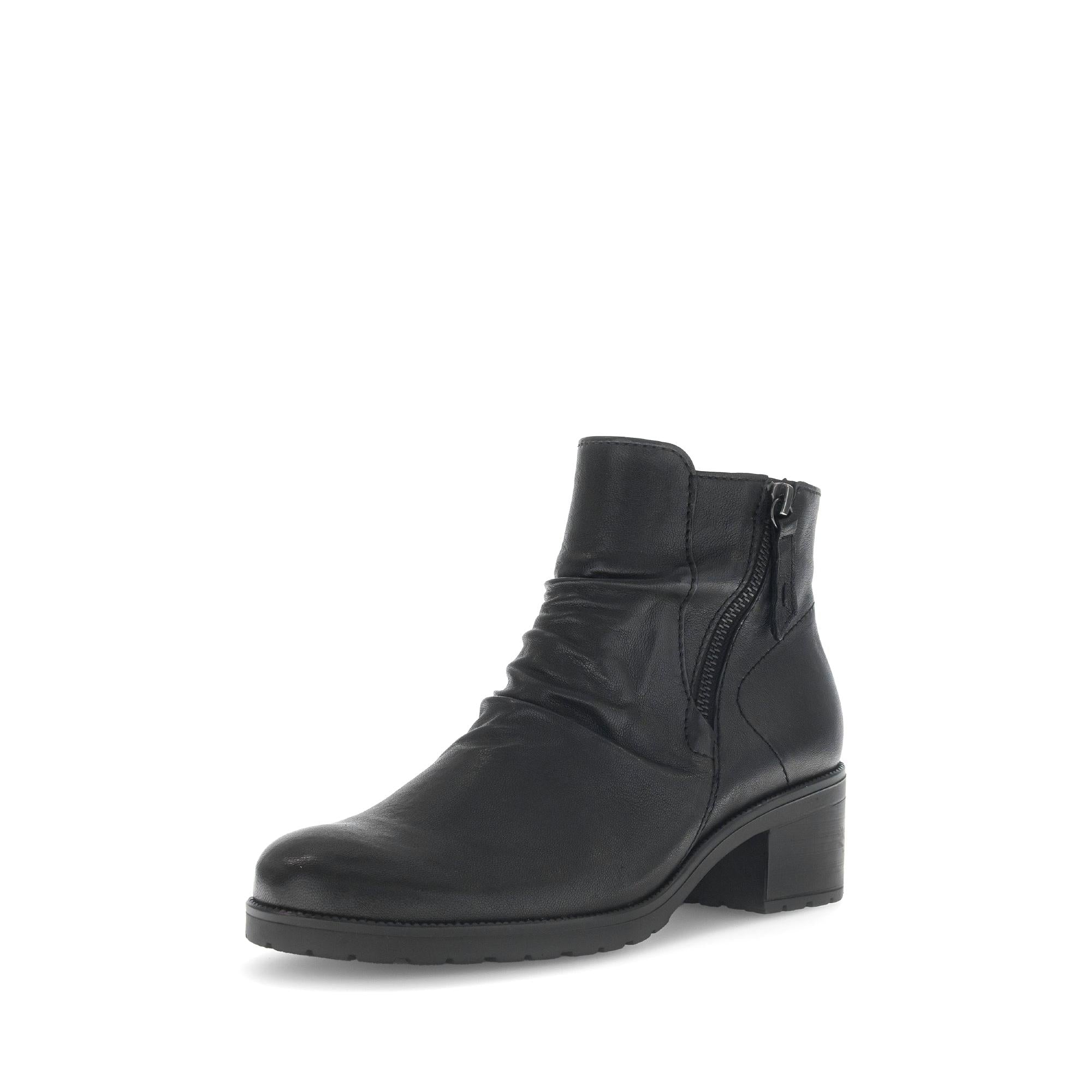 Gabor Jenna women's black leather ankle boots with side zipper, soft leather, low block heel, stylish and comfortable footwear.
