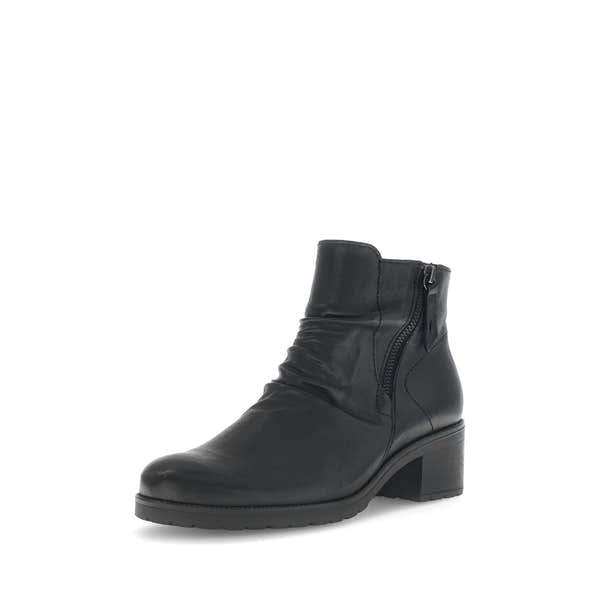 Gabor Jenna women's black leather ankle boots with side zipper, soft leather, low block heel, stylish and comfortable footwear.