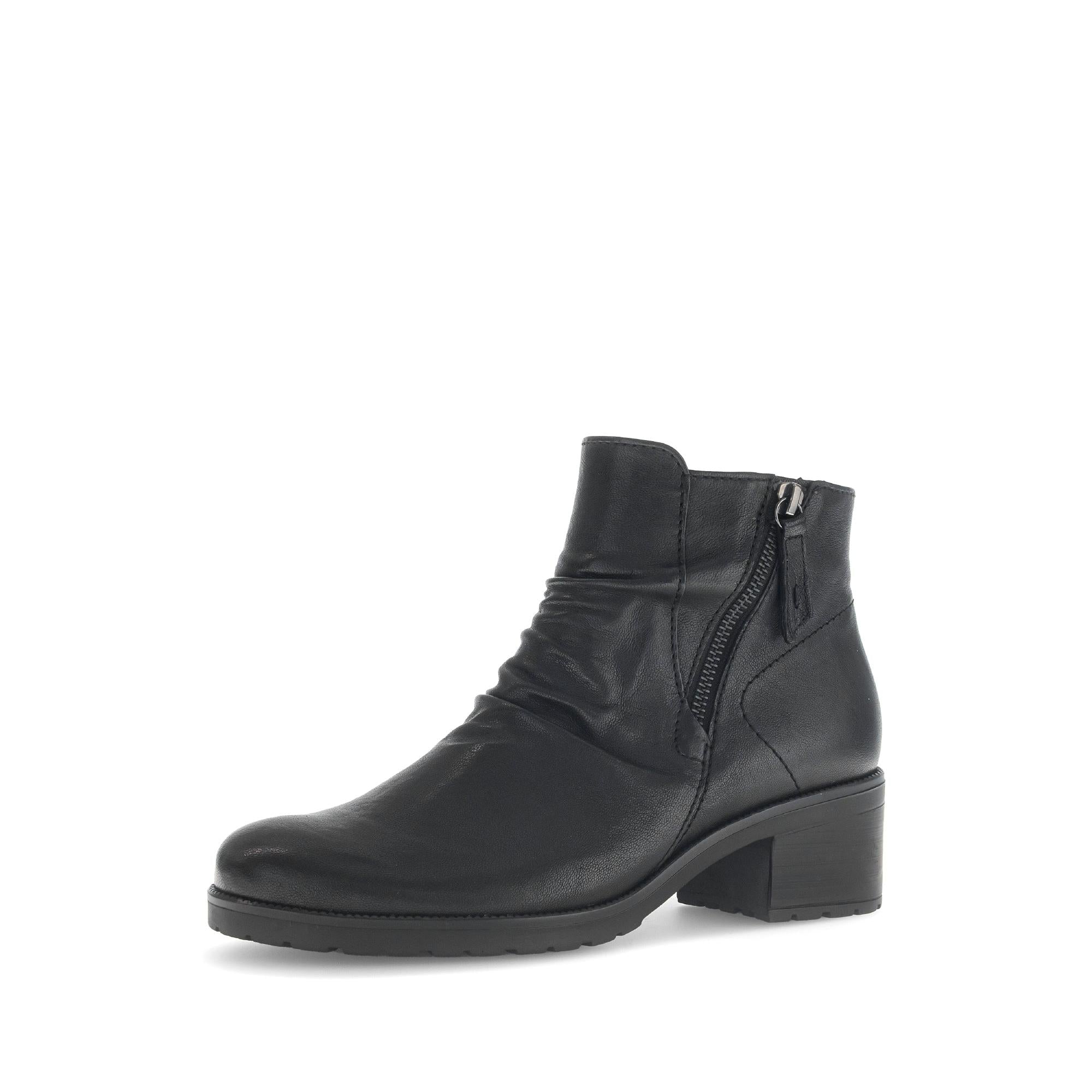Gabor Jenna Black Leather Side Zip Ankle Boots for women, soft leather, block heel, stylish side zipper, casual footwear.