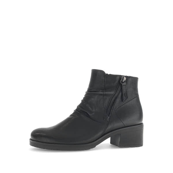 Gabor Jenna black leather ankle boots with side zipper, soft leather, block heel, stylish and comfortable for women.