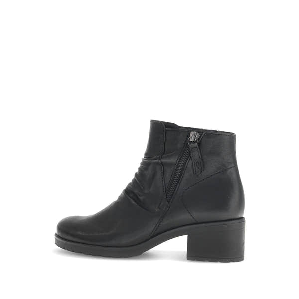 Gabor Jenna women's black leather ankle boots with side zipper, low chunky heel, and soft leather finish.