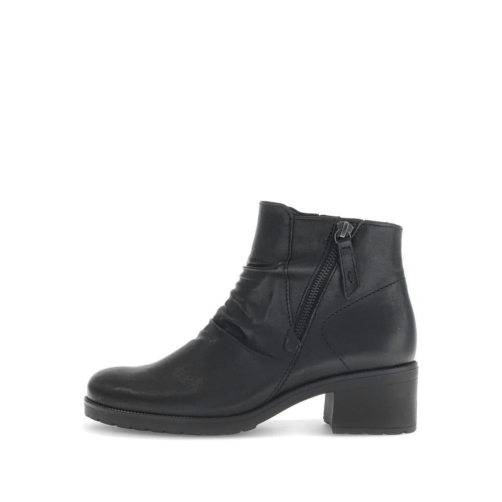 Gabor Jenna Women's Black Leather Side Zip Ankle Boots with Low Block Heel and Ruched Detail