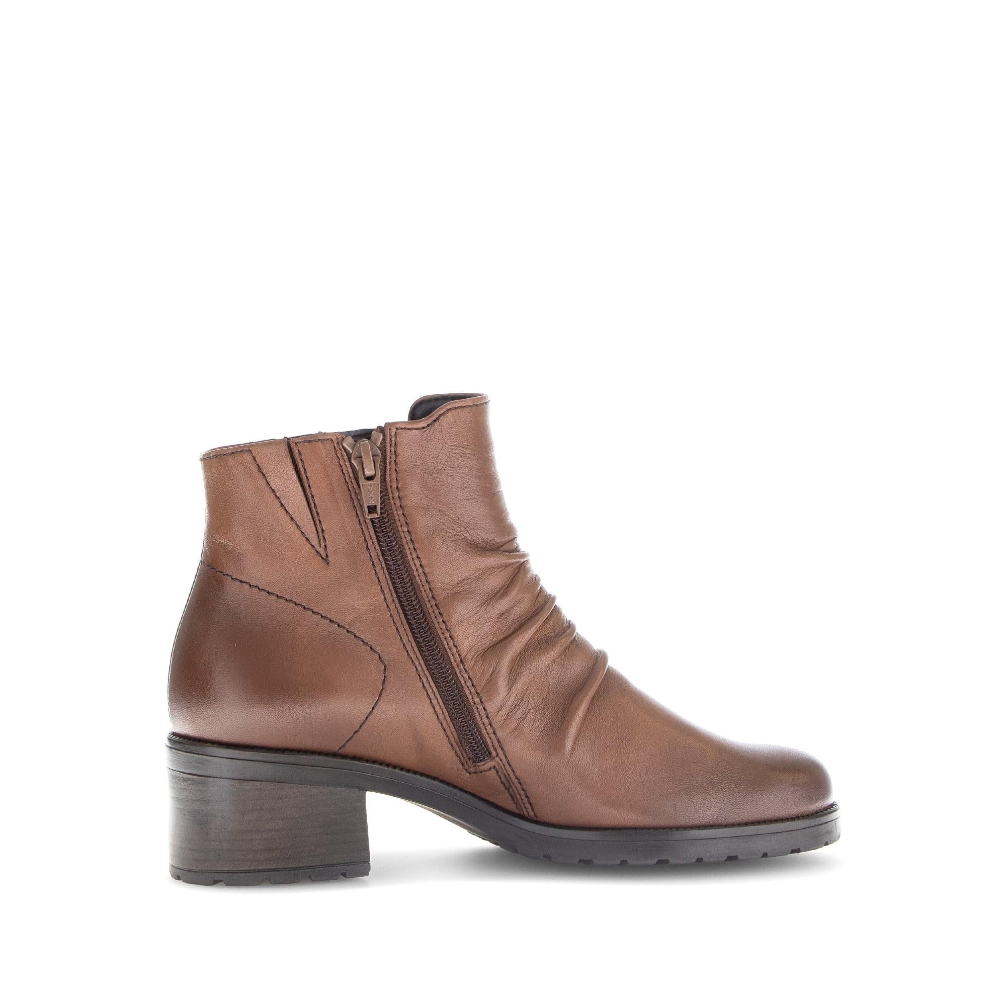 Gabor Jenna women's brown leather ankle boots with side zipper, side seam stitching, low chunky heel, and round toe.