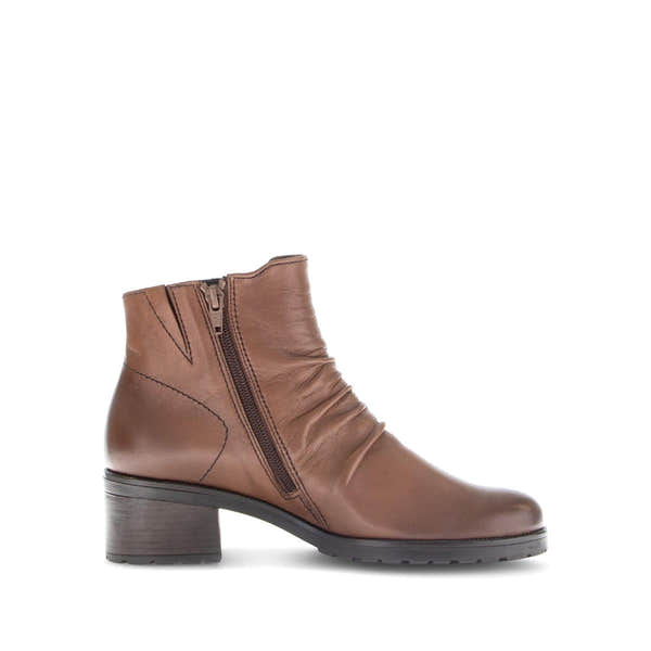 Gabor Jenna women's brown leather ankle boots with side zipper, ruched design, low block heel, and side seam detail.