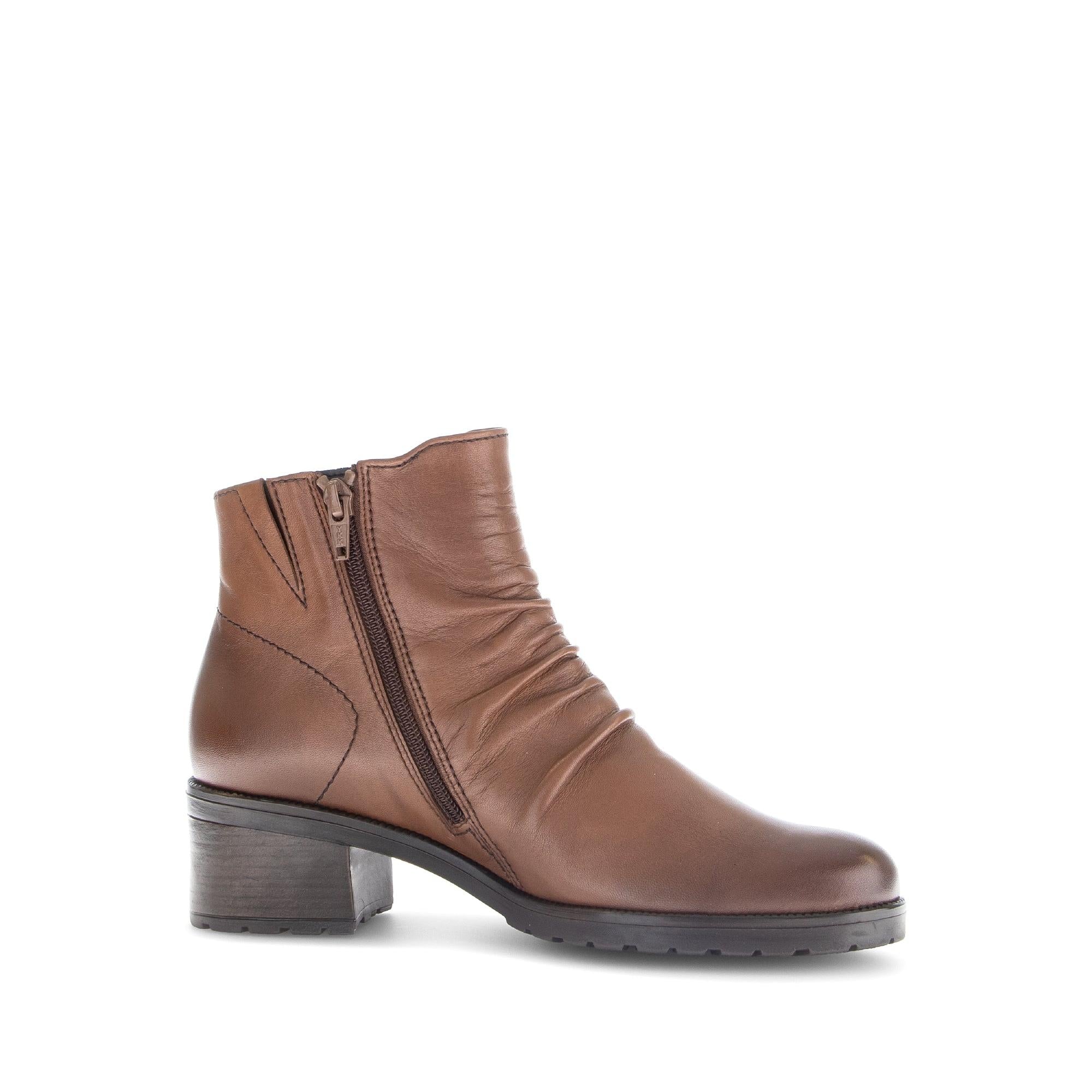Gabor Jenna women's brown leather ankle boots with side zipper, low block heel, and stylish ruched design.