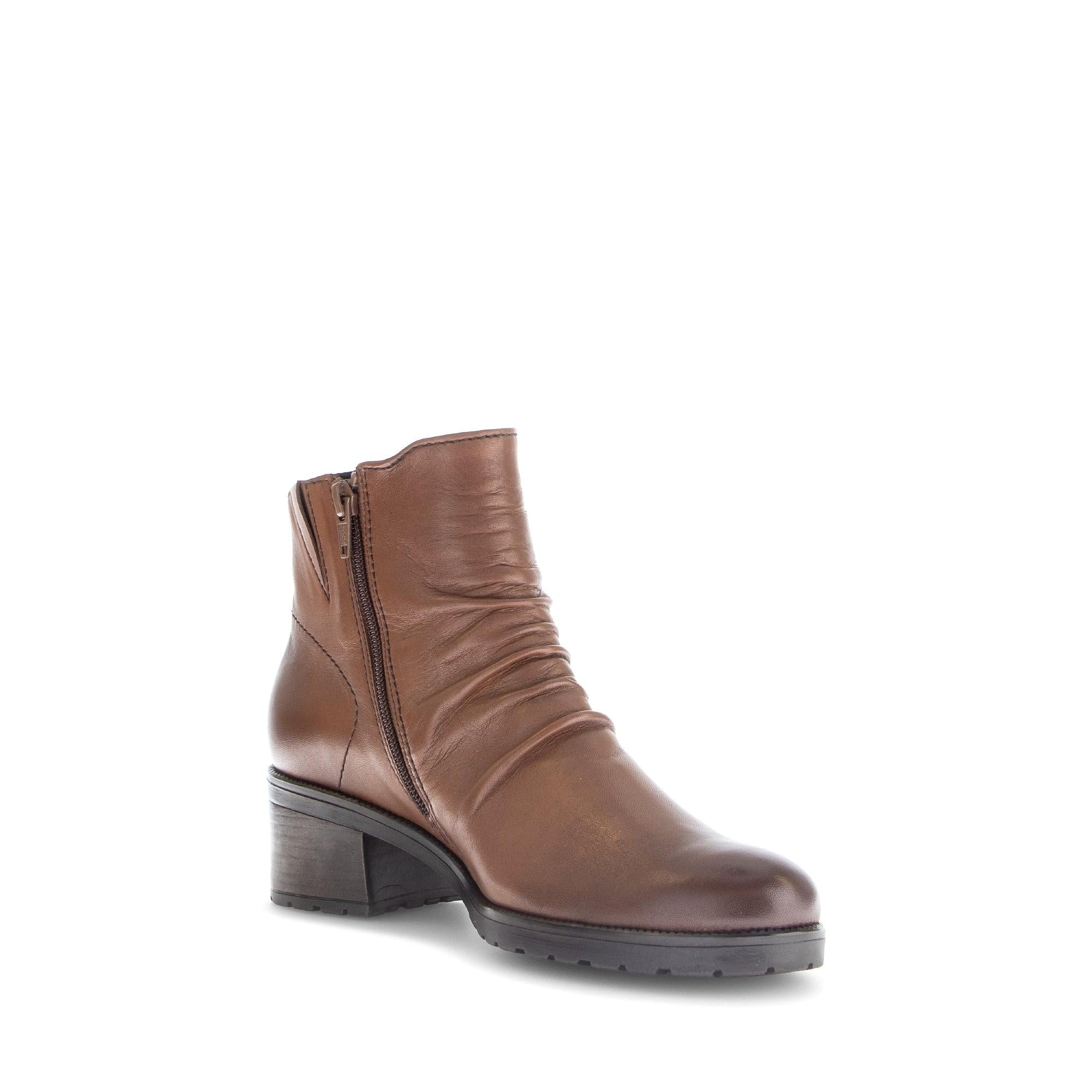 Gabor Jenna women's brown leather ankle boots with side zipper, low heel, and ruched detail.