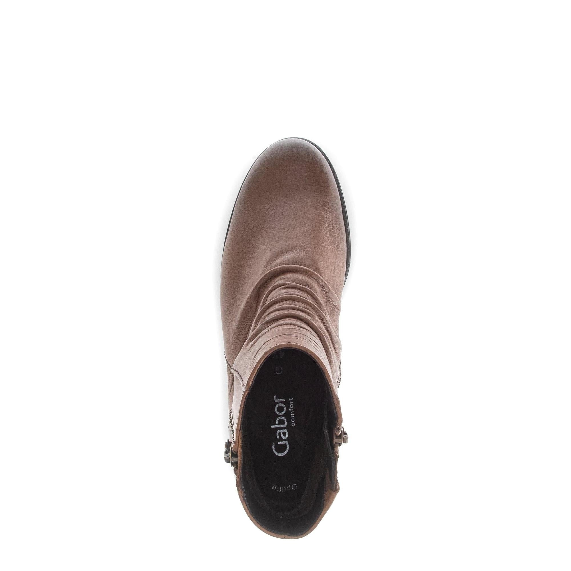 Gabor Jenna Ladies Brown Leather Side Zip Ankle Boots with a rounded toe and comfortable fit.