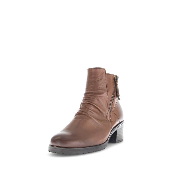 Gabor Jenna Brown Leather Ladies Ankle Boot with Side Zip, Low Heel, and Ruched Design.