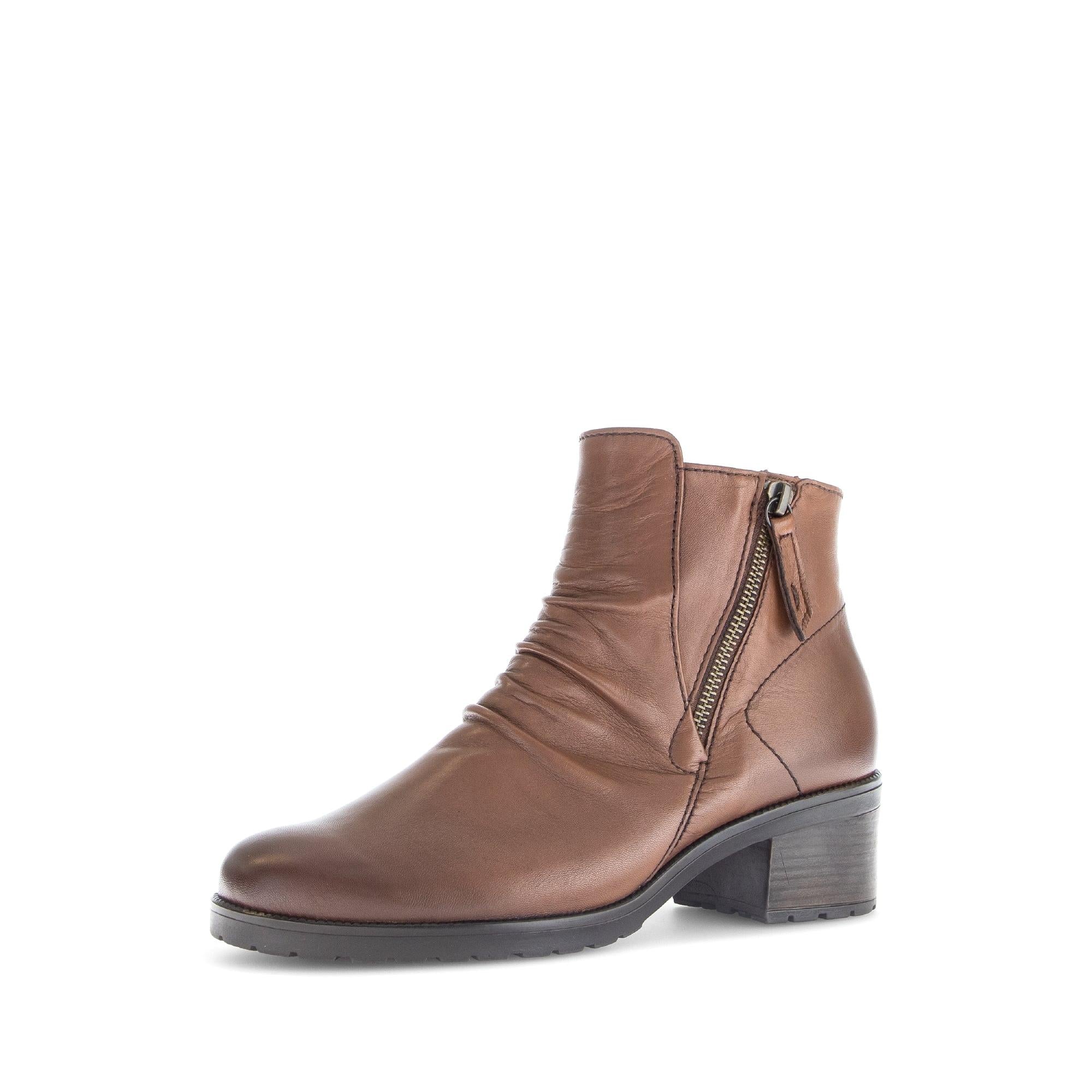 Gabor Jenna Ladies Brown Leather Side Zip Ankle Boot with Block Heel and ruched detailing.