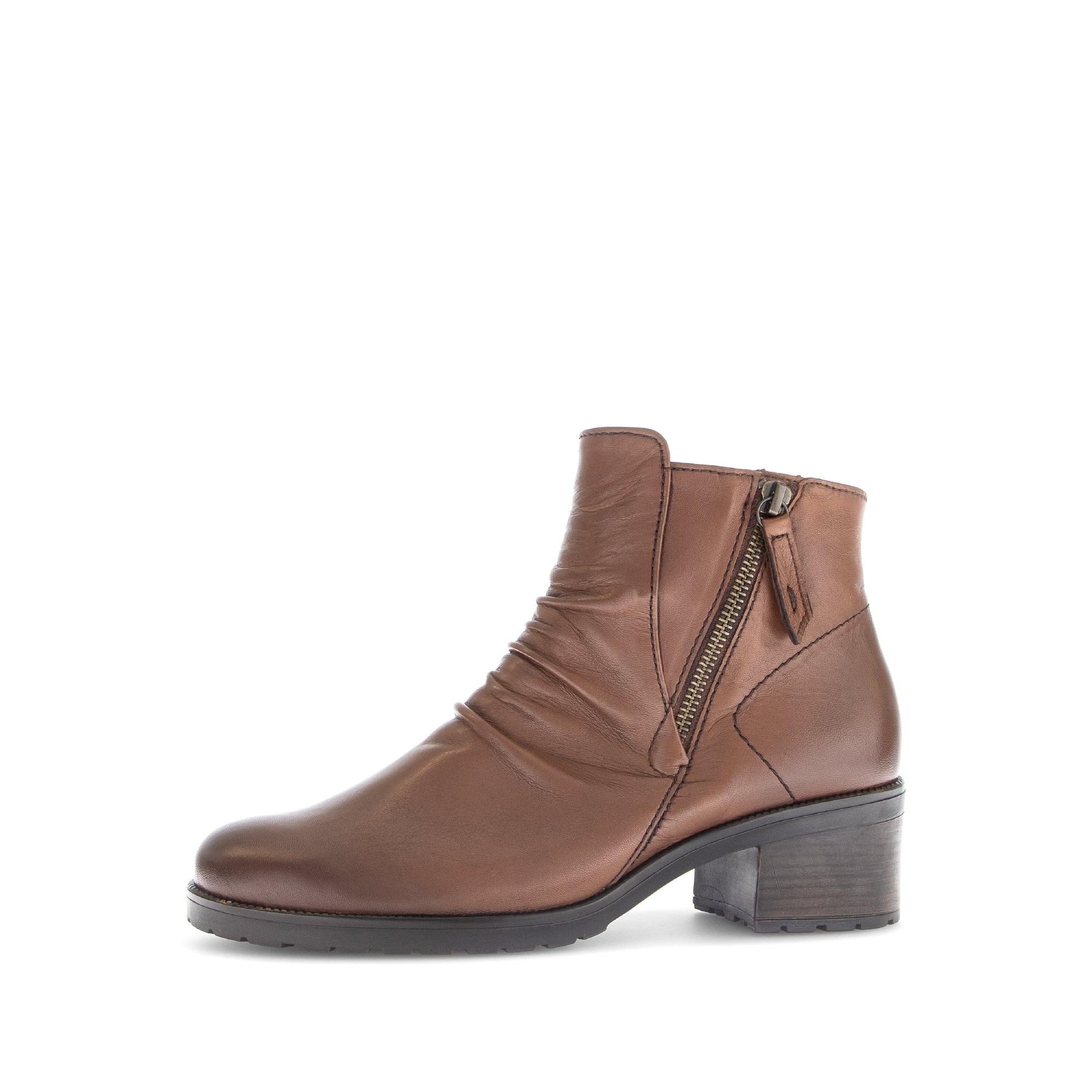 Gabor Jenna women's brown leather ankle boots with side zipper and block heel.