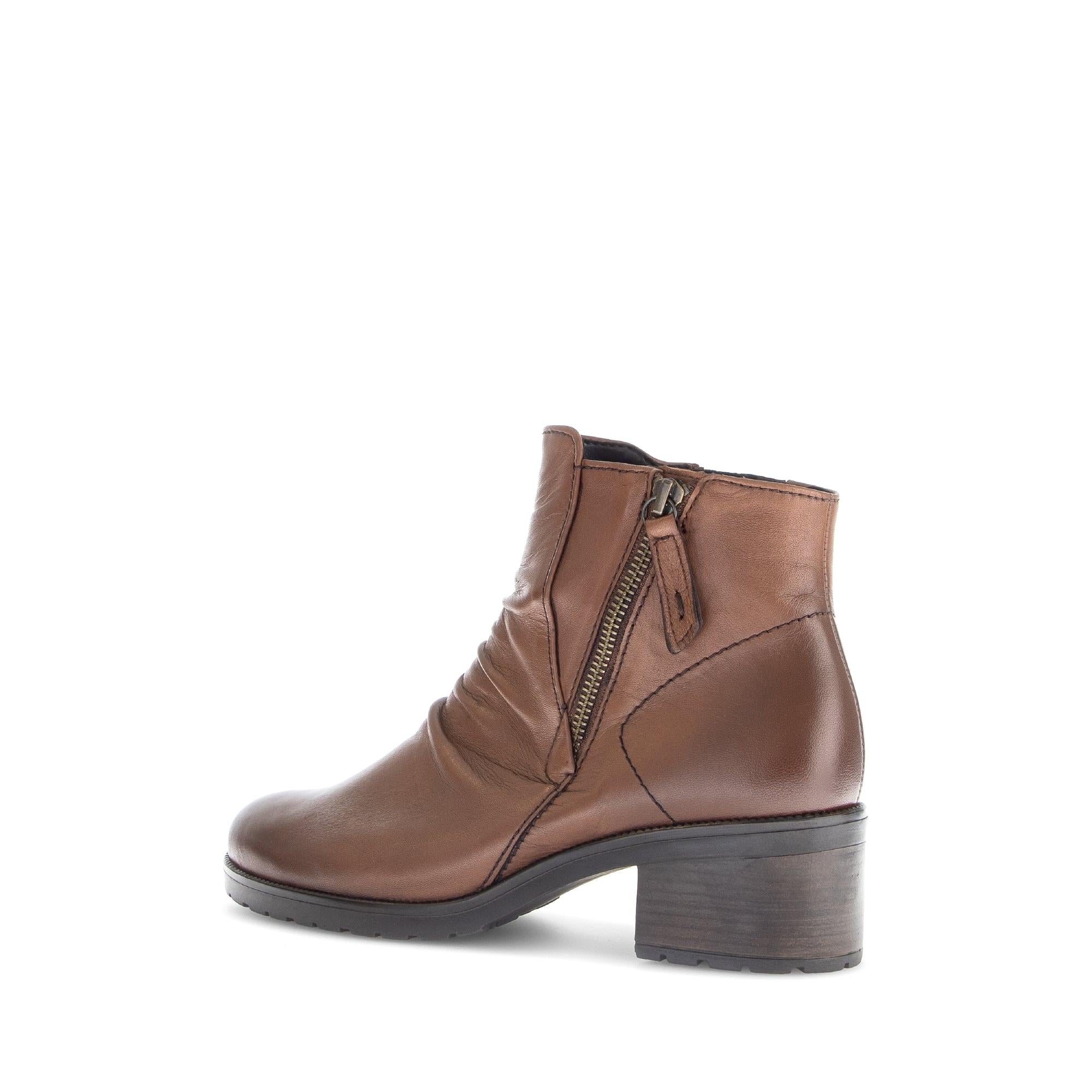 Gabor Jenna brown leather ankle boots with side zipper, low block heel, stylish design, and side zip closure.