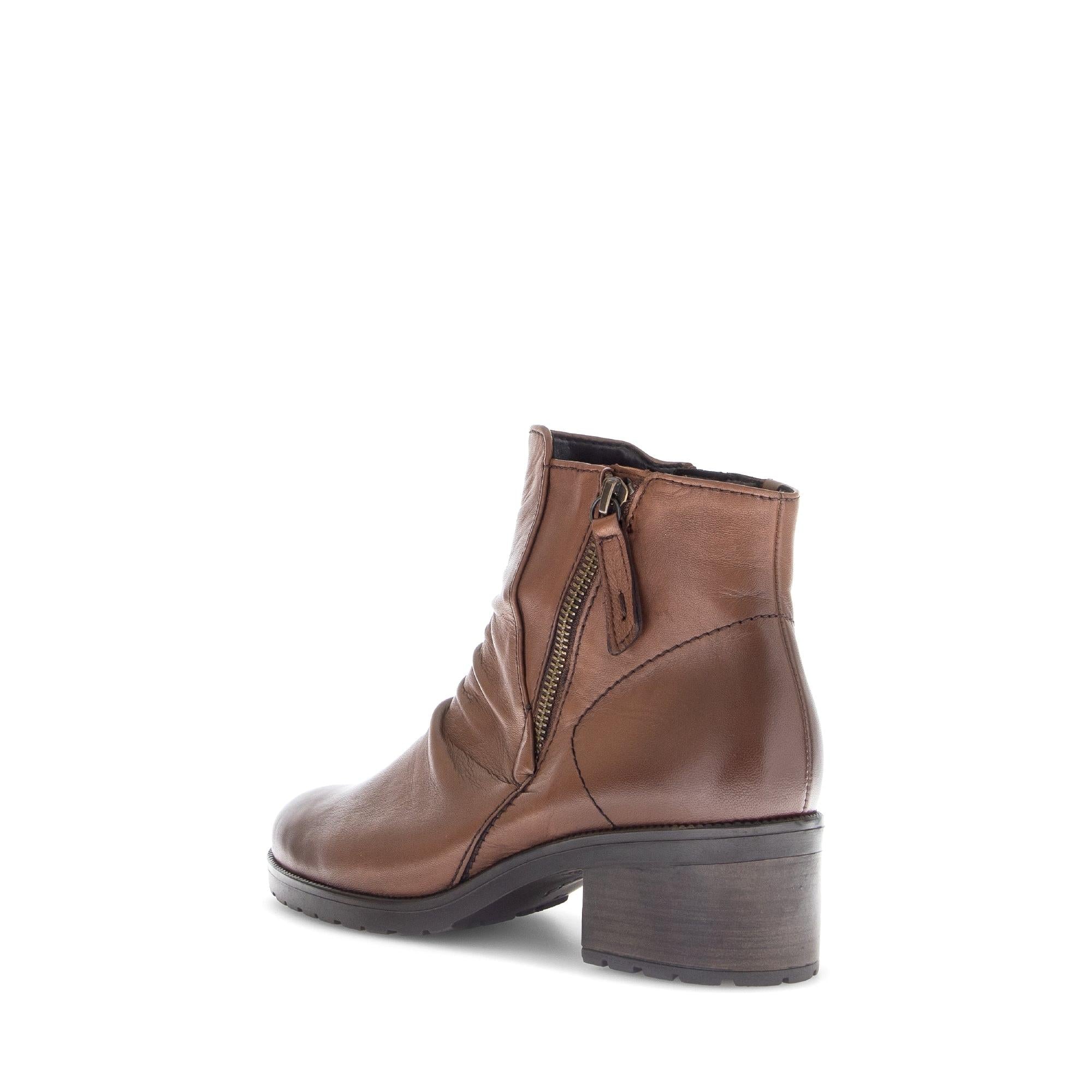Gabor Jenna Ladies Brown Leather Side Zip Ankle Boots with Block Heel and Zipper Detail.