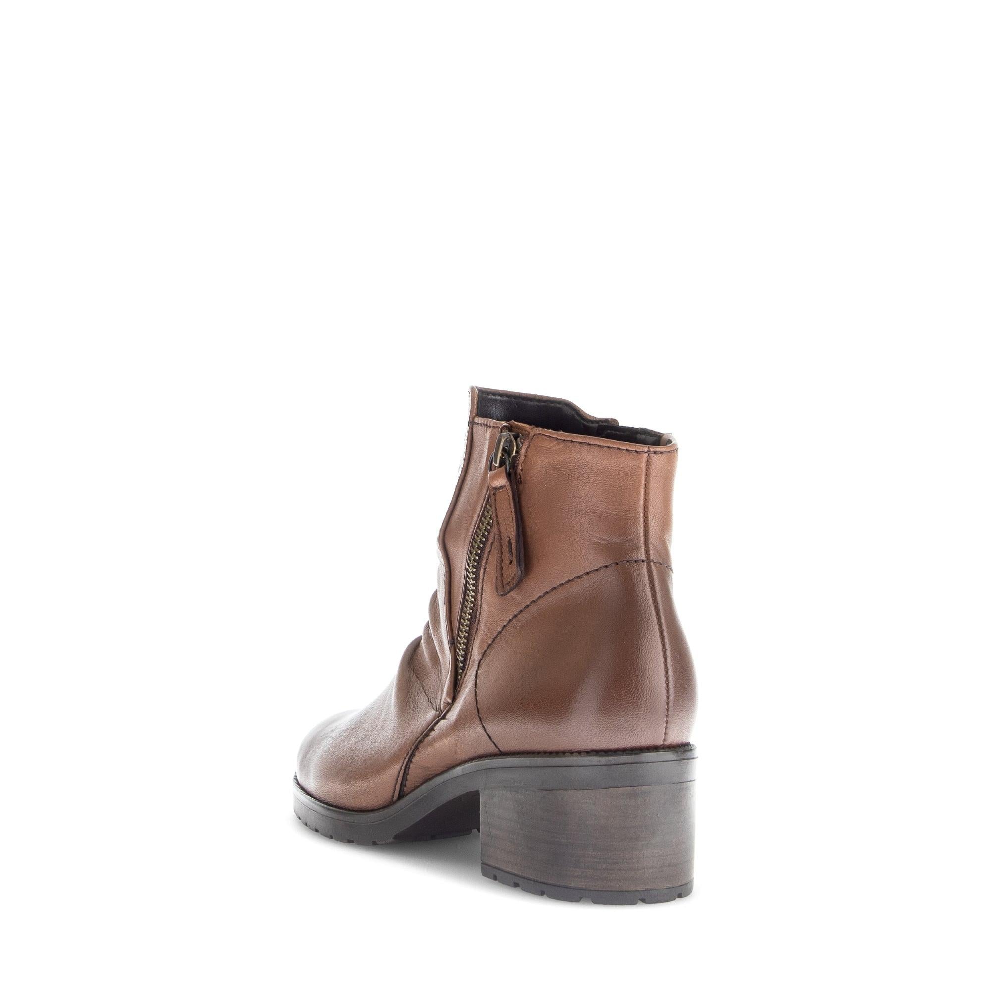 Gabor Jenna women's brown leather side zip ankle boots with chunky heel and side zipper details.