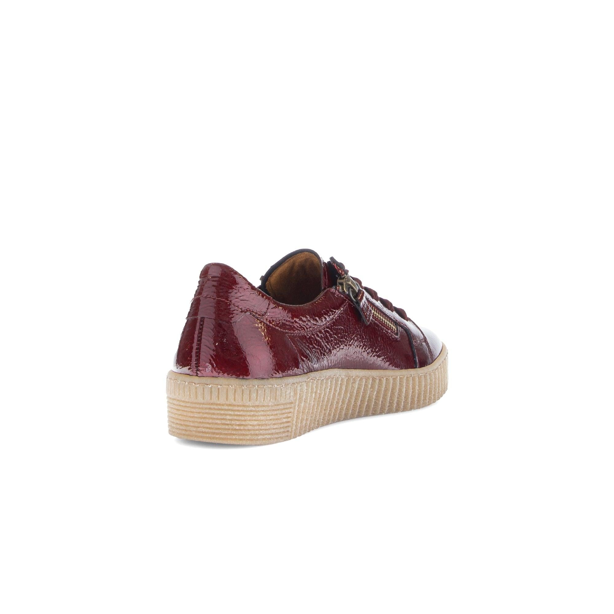 Gabor Ladies Bordo Red Leather Trainers with zip and lace details, chunky sole, back view.