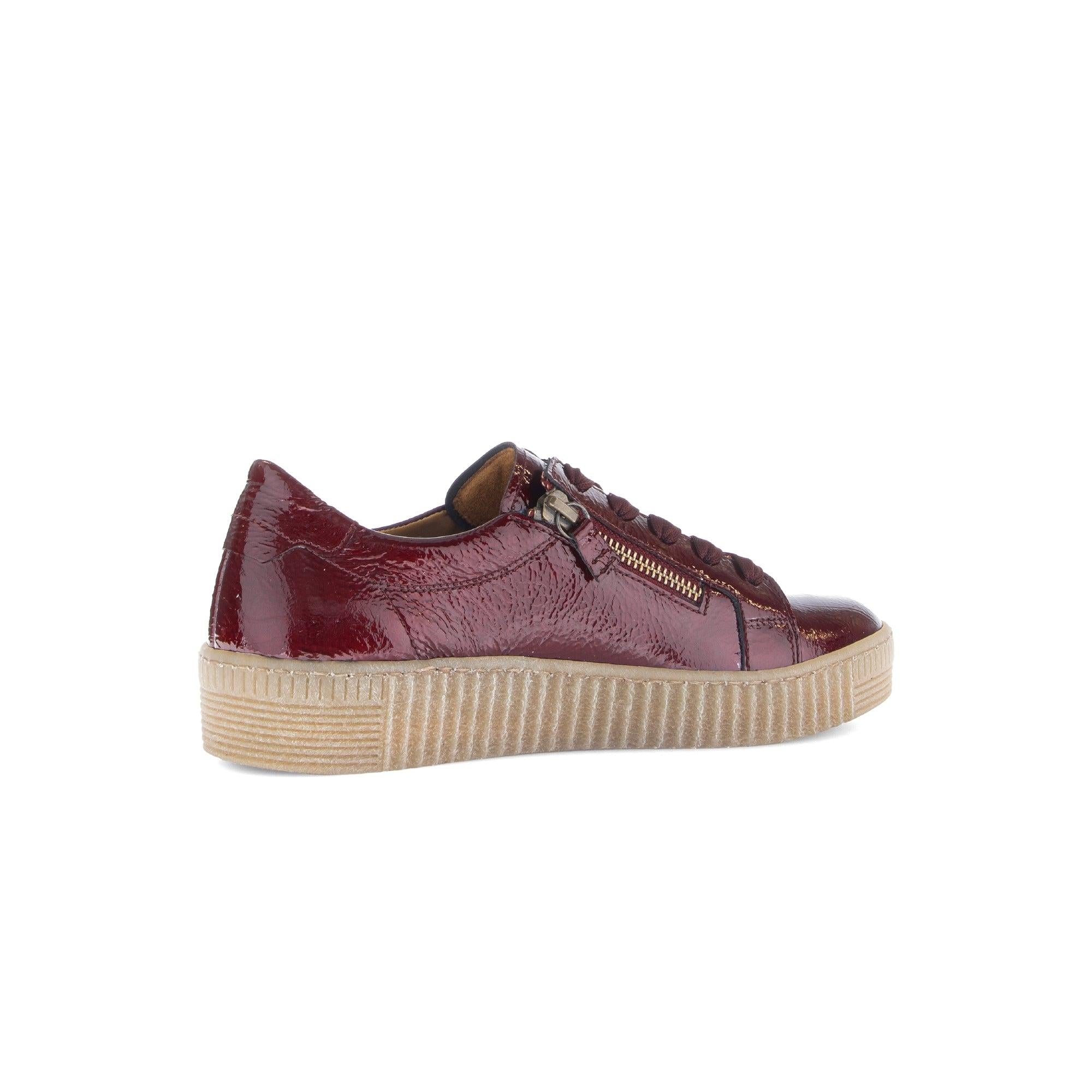 Gabor Ladies Bordo Red Leather Trainers with Zip and Lace, Cushioned Sole, and Chunky Rubber Outsole.