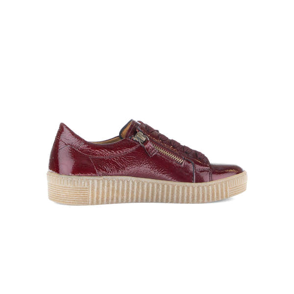 Gabor Ladies Bordo Red Leather Trainers with Zip & Lace-Up Closure, Rubber Sole.