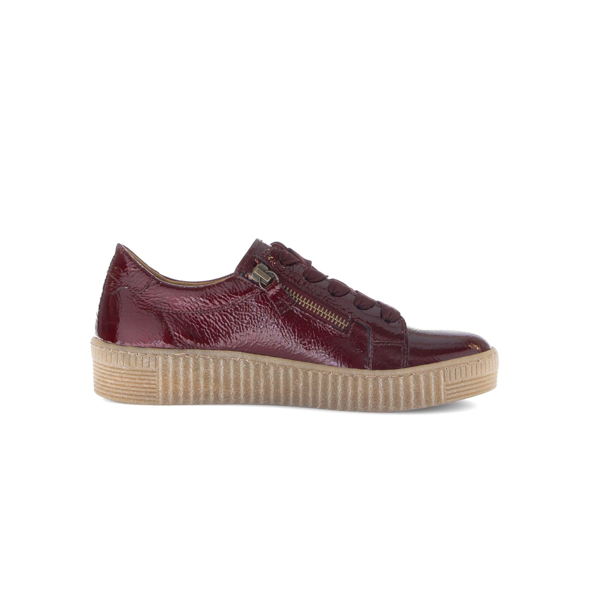 Gabor Ladies Bordo Red Leather Trainers with Zip & Lace, Woven Sole, Stylish Casual sneakers.